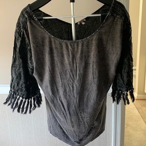 BKE 3/4 sleeve tassel top, multi fabric, ladies large, like new